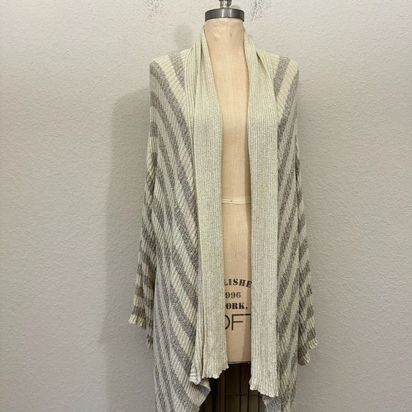 FREE PEOPLE BEACH Stripe Knit Carly Open Front Cardigan in Gray Beige - Picture 2 of 14